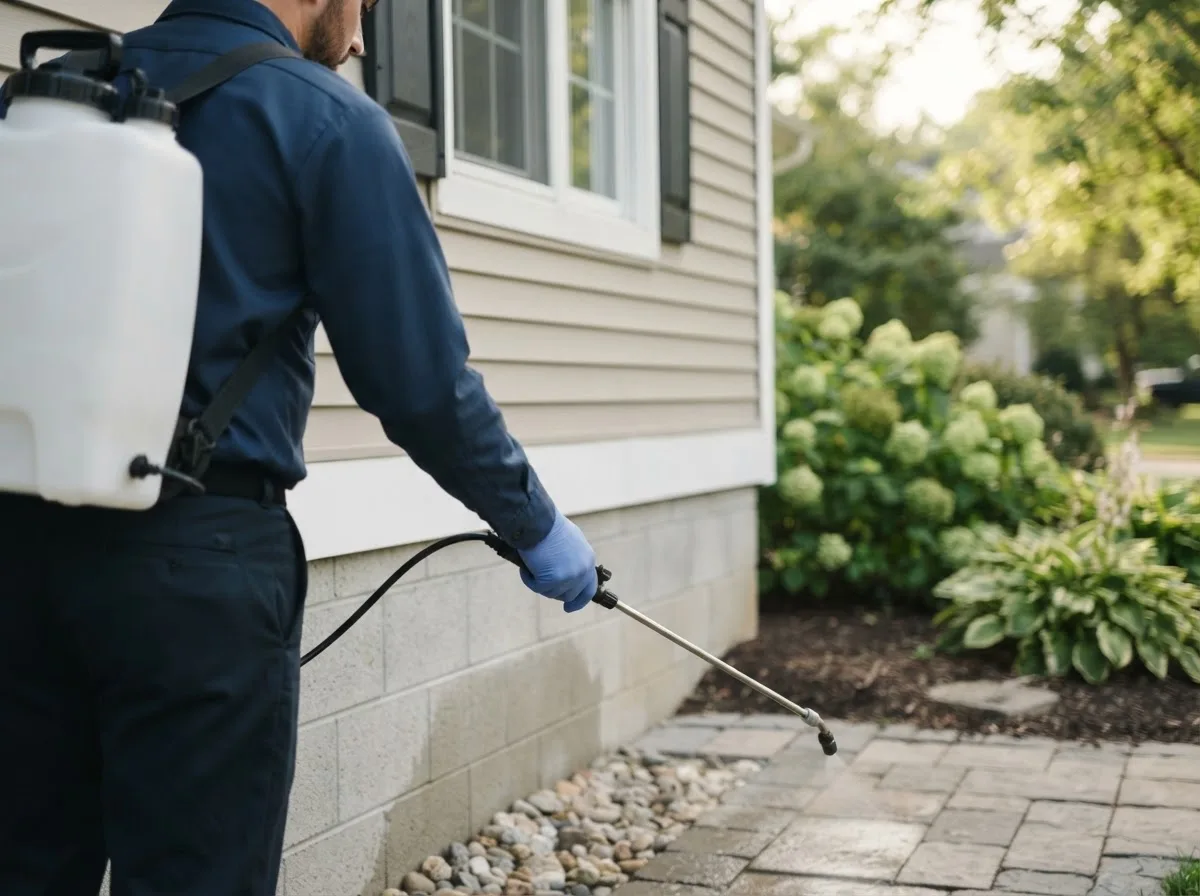 Pest control technician inspecting a home in Newman Grove, NE